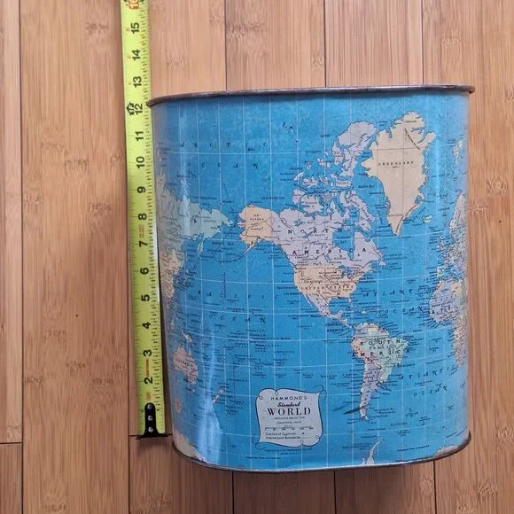 Vintage Hammond's World Map Waste Basket Garbage Can Tin Litho Trash Can 50s 60s - Picture 10 of 14